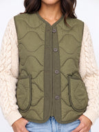 Wavelta Wave-Quilted Gilet Cable-Knit Sleeve Jacket – Padded Button-Front Women Casual Layering Gilet