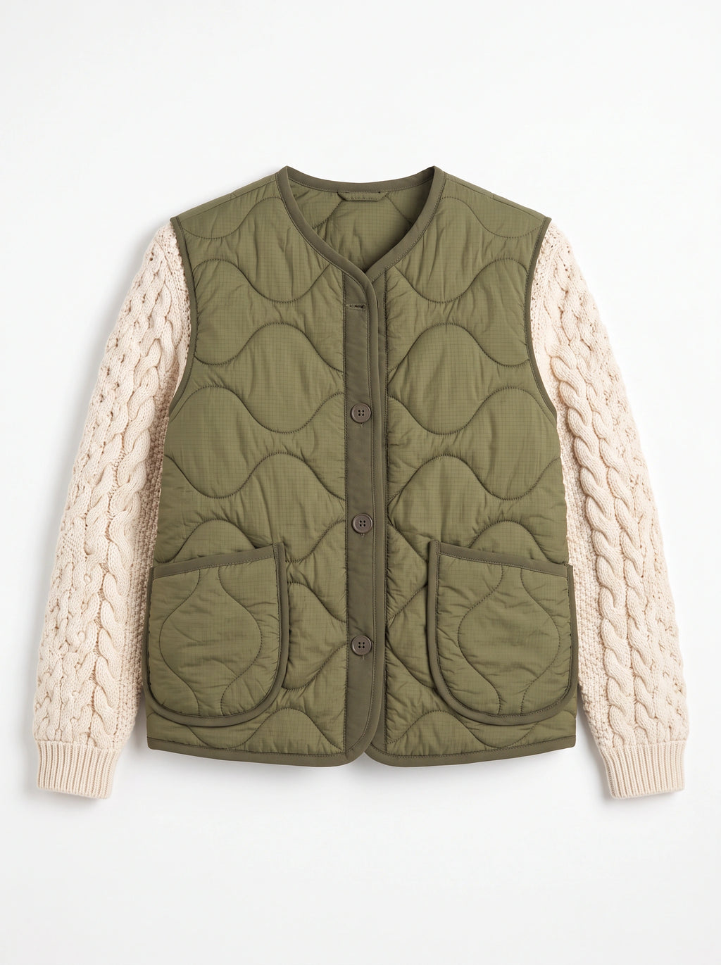 Wavelta Wave-Quilted Gilet Cable-Knit Sleeve Jacket – Padded Button-Front Women Casual Layering Gilet