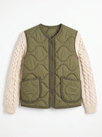 Wavelta Wave-Quilted Gilet Cable-Knit Sleeve Jacket – Padded Button-Front Women Casual Layering Gilet