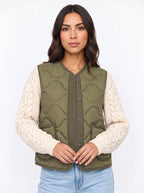 Wavelta Wave-Quilted Gilet Cable-Knit Sleeve Jacket – Padded Button-Front Women Casual Layering Gilet