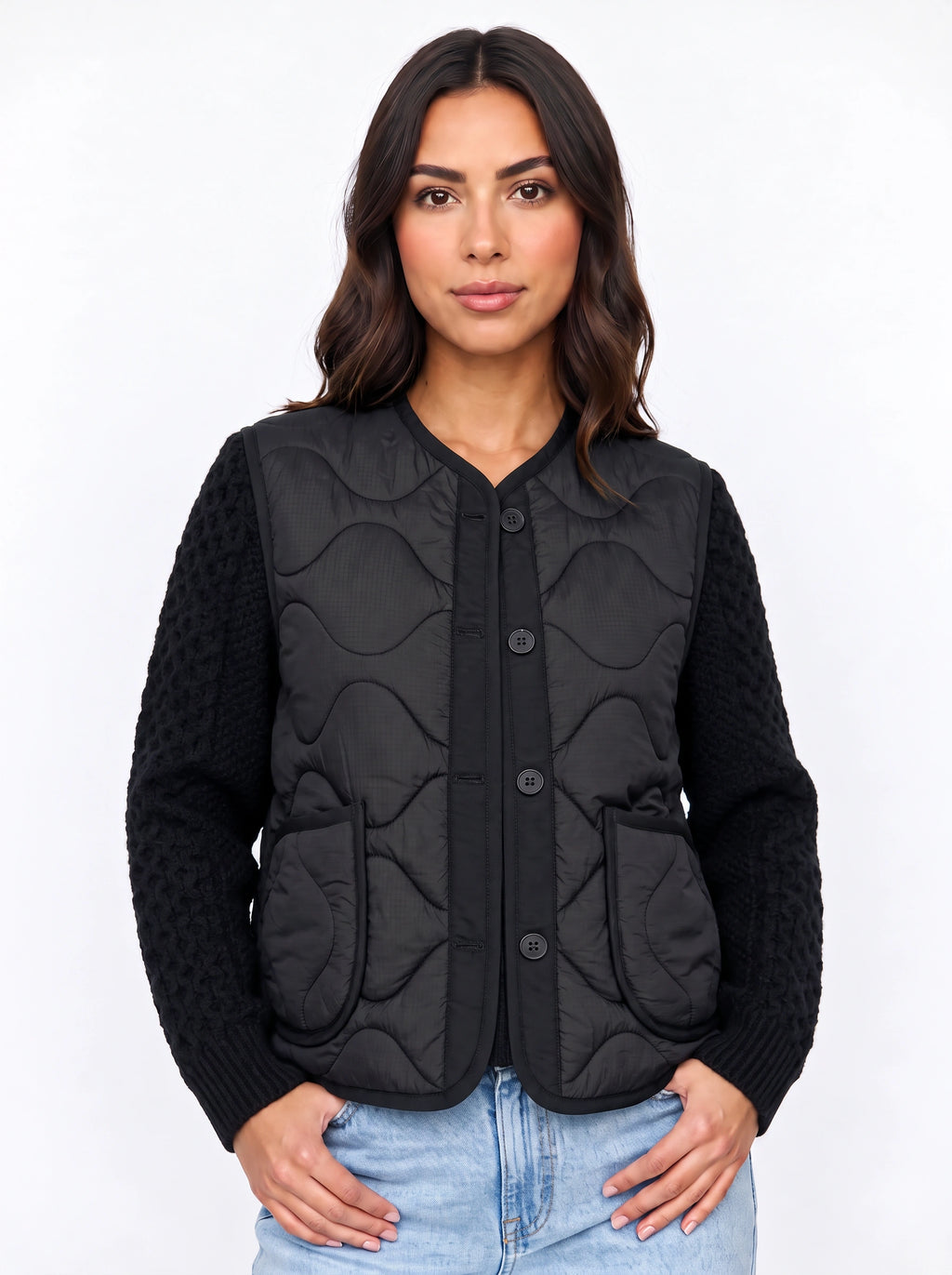 Wavelta Wave-Quilted Gilet Cable-Knit Sleeve Jacket – Padded Button-Front Women Casual Layering Gilet