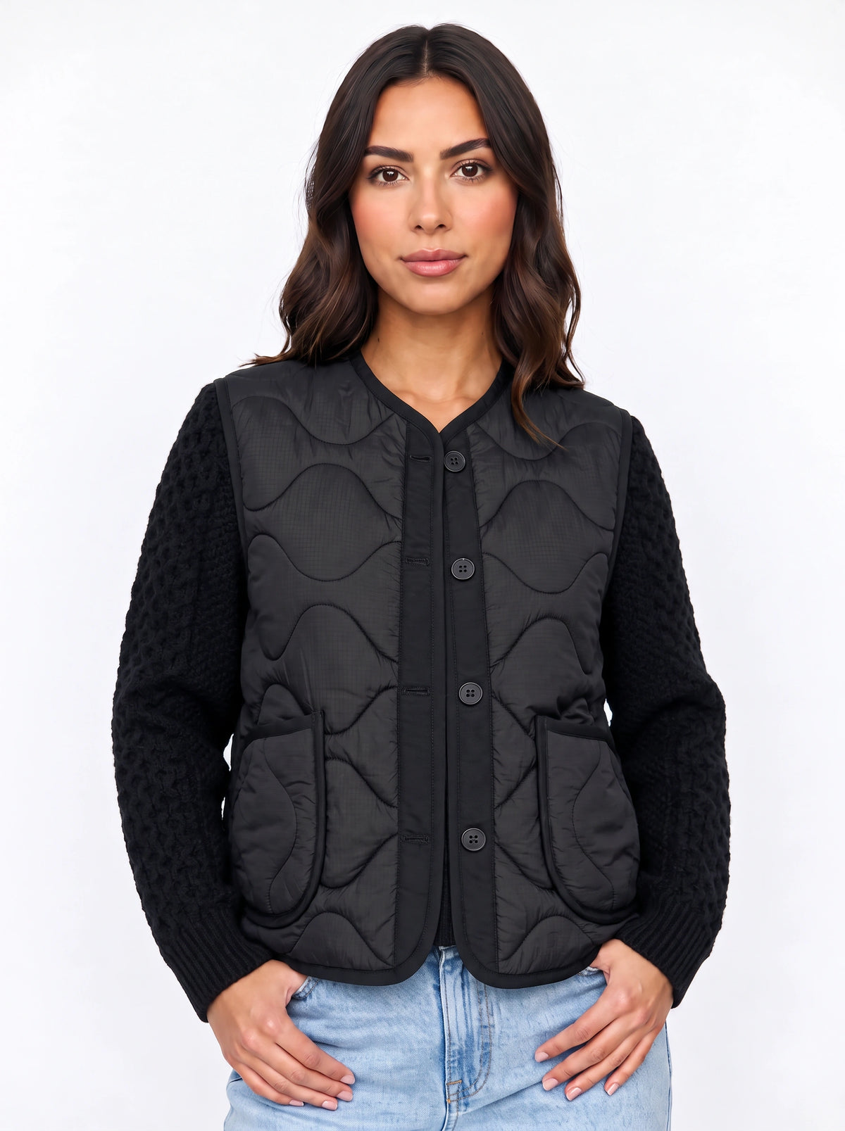 Wavelta Wave-Quilted Gilet Cable-Knit Sleeve Jacket – Padded Button-Front Women Casual Layering Gilet