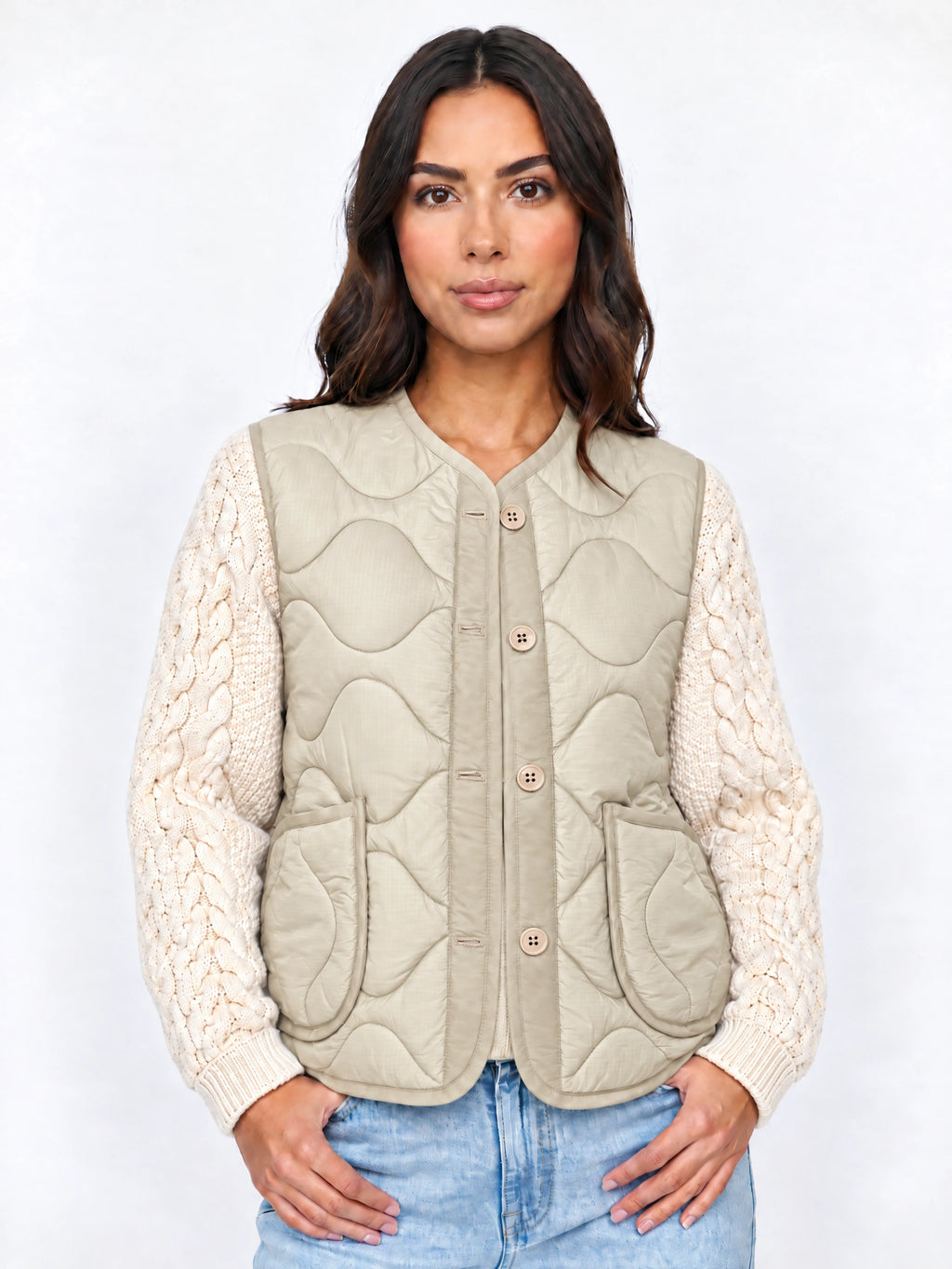 Wavelta Wave-Quilted Gilet Cable-Knit Sleeve Jacket – Padded Button-Front Women Casual Layering Gilet