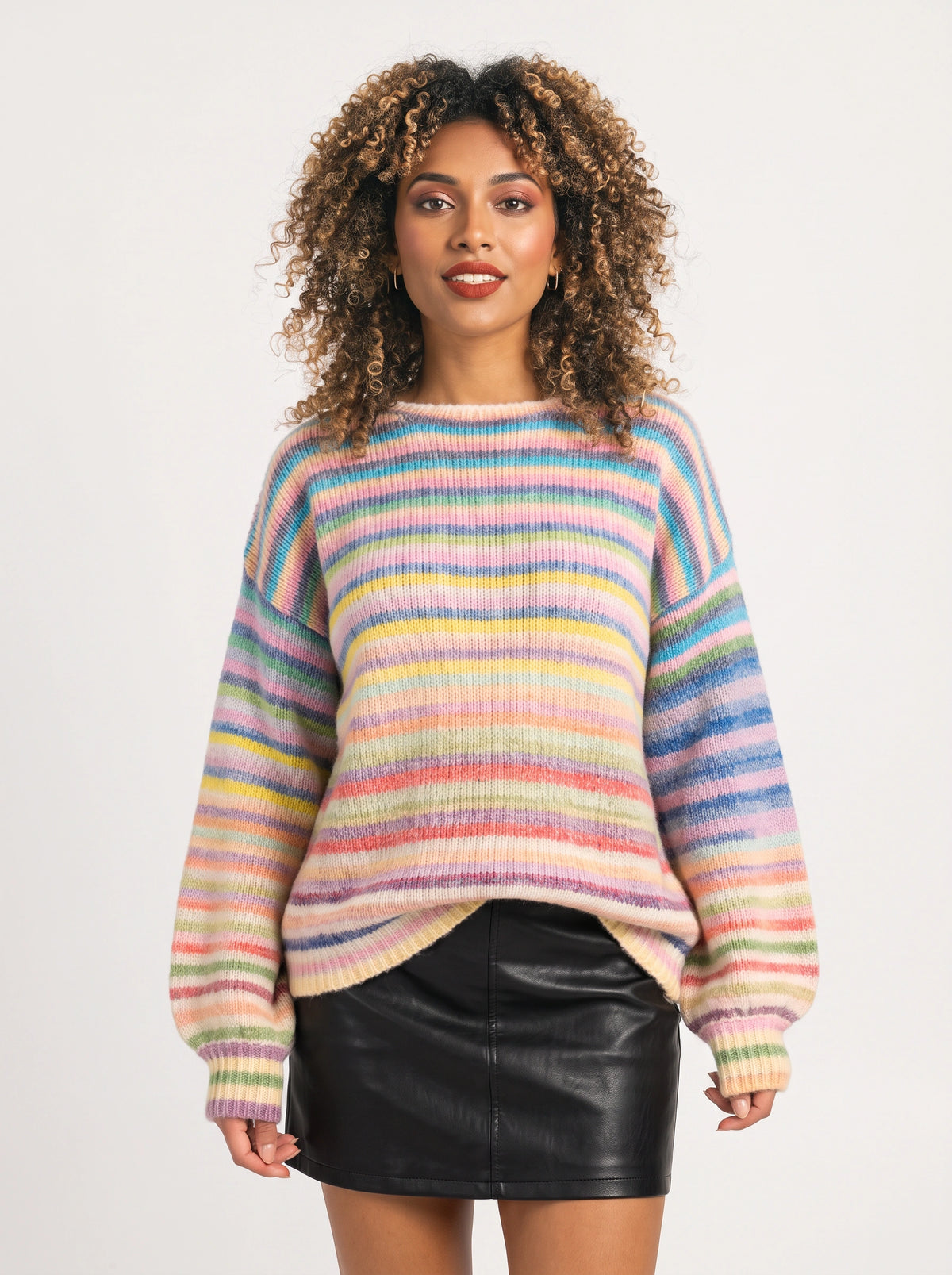Balouff Striped Oversized Jumper – Women Ribbed Knit Relaxed Fit Crew Neck Autumn Casual Longline Jumper