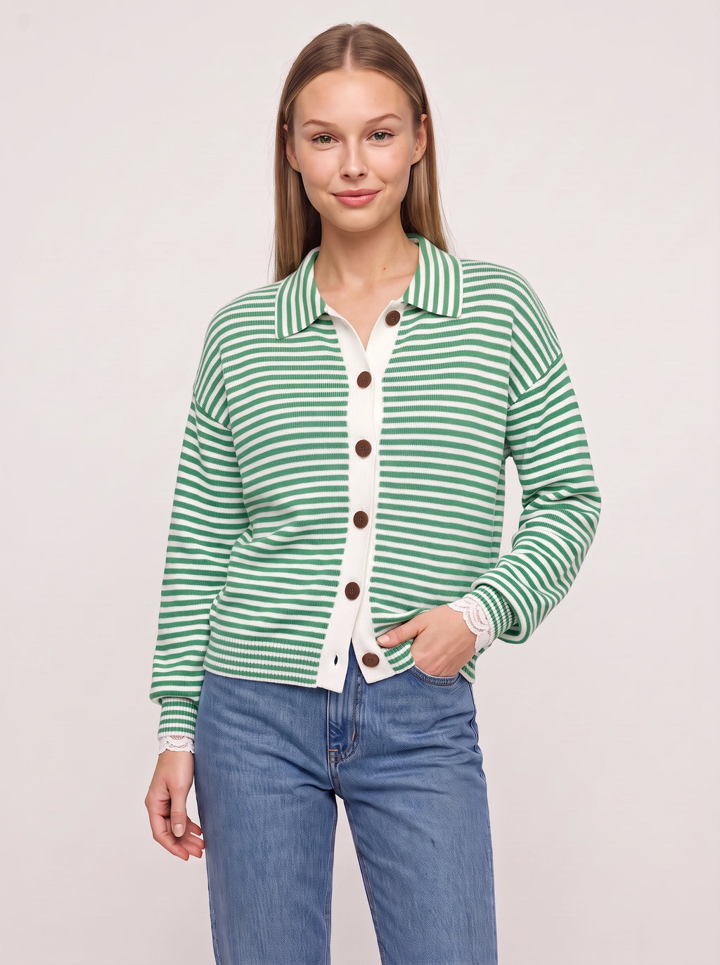 Contréa Striped Collar Cardigan – Ribbed Knit Women Casual Autumn Button Front Office Preppy Cardigan