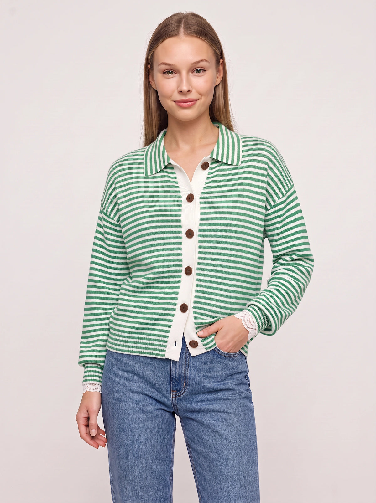 Contréa Striped Collar Cardigan – Ribbed Knit Women Casual Autumn Button Front Office Preppy Cardigan