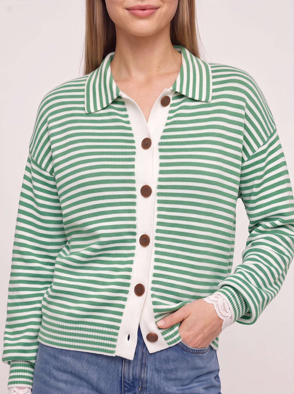 Contréa Striped Collar Cardigan – Ribbed Knit Women Casual Autumn Button Front Office Preppy Cardigan