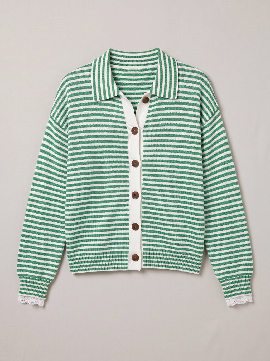 Contréa Striped Collar Cardigan – Ribbed Knit Women Casual Autumn Button Front Office Preppy Cardigan