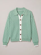 Contréa Striped Collar Cardigan – Ribbed Knit Women Casual Autumn Button Front Office Preppy Cardigan