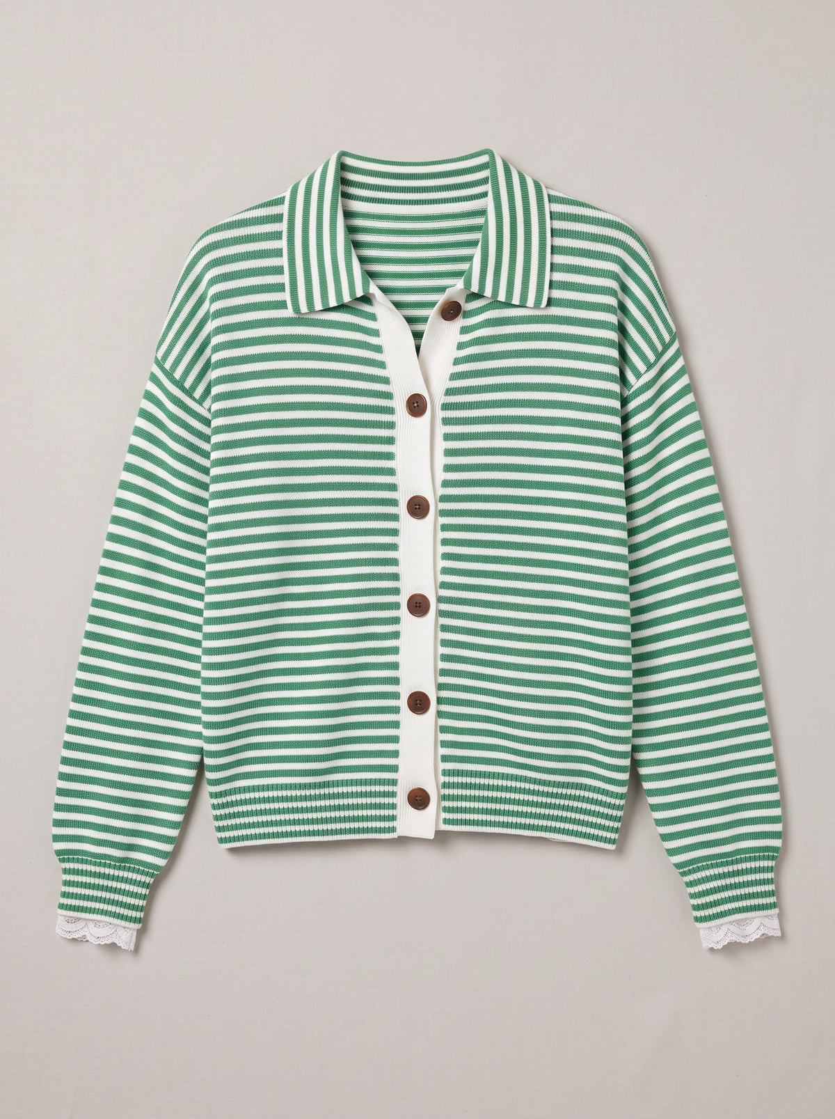 Contréa Striped Collar Cardigan – Ribbed Knit Women Casual Autumn Button Front Office Preppy Cardigan