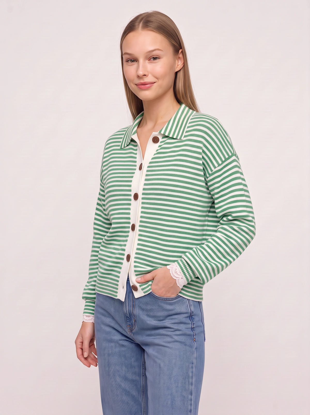 Contréa Striped Collar Cardigan – Ribbed Knit Women Casual Autumn Button Front Office Preppy Cardigan