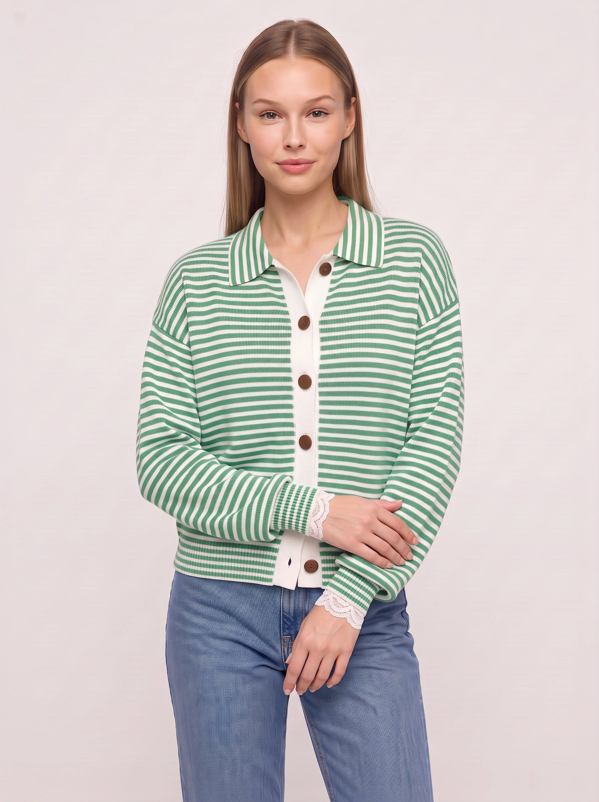 Contréa Striped Collar Cardigan – Ribbed Knit Women Casual Autumn Button Front Office Preppy Cardigan