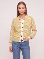 Contréa Striped Collar Cardigan – Ribbed Knit Women Casual Autumn Button Front Office Preppy Cardigan