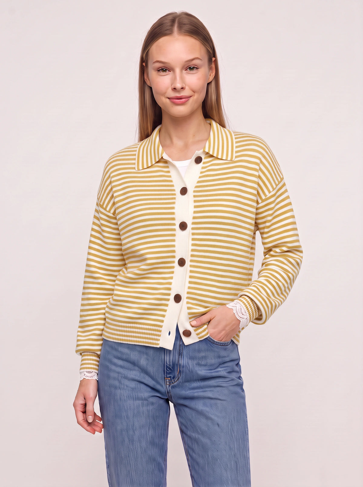 Contréa Striped Collar Cardigan – Ribbed Knit Women Casual Autumn Button Front Office Preppy Cardigan