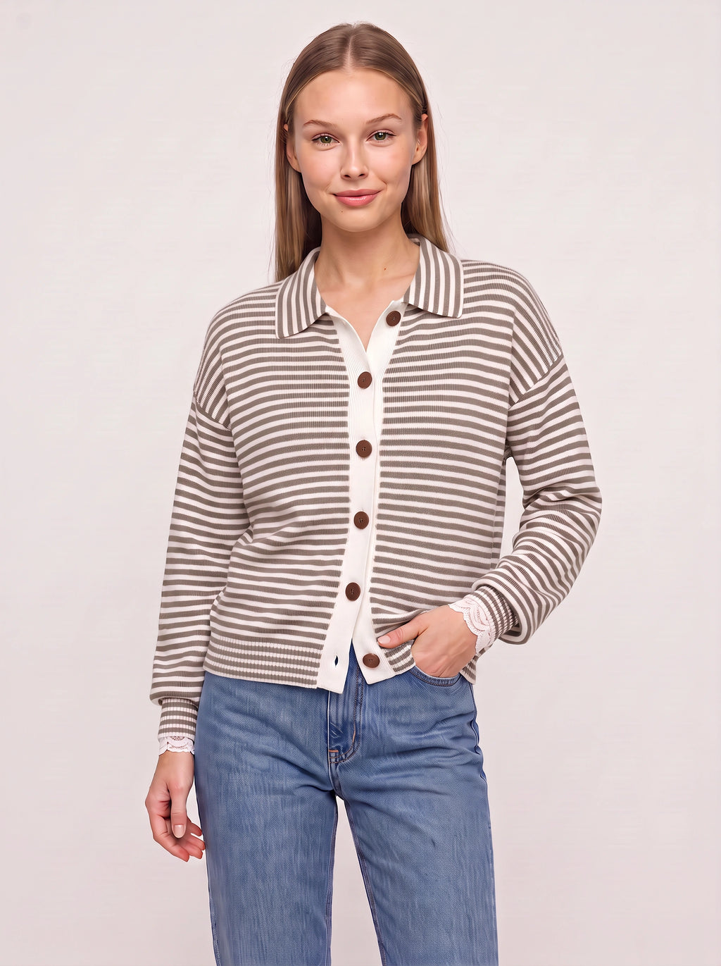 Contréa Striped Collar Cardigan – Ribbed Knit Women Casual Autumn Button Front Office Preppy Cardigan