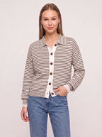 Contréa Striped Collar Cardigan – Ribbed Knit Women Casual Autumn Button Front Office Preppy Cardigan