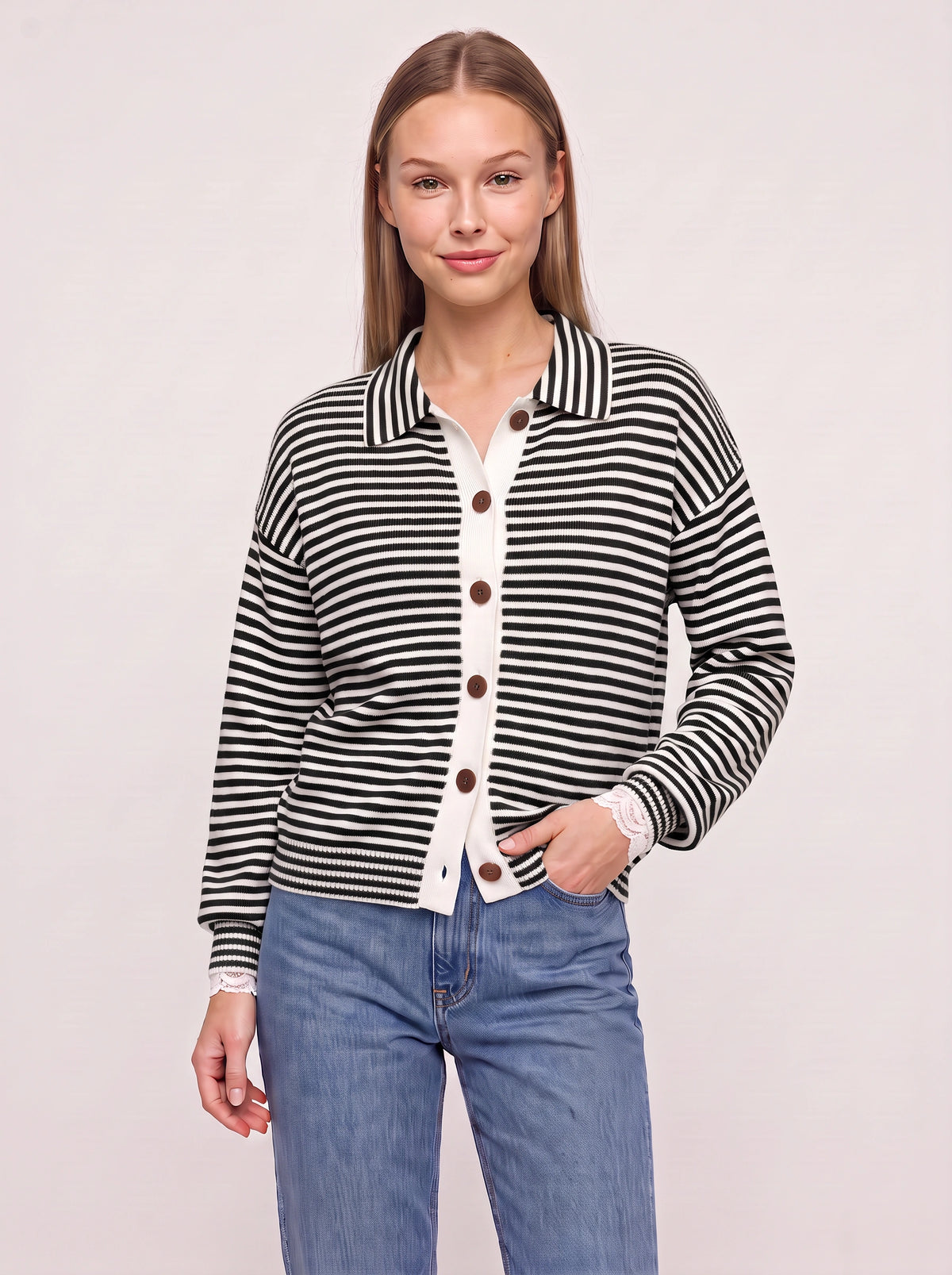 Contréa Striped Collar Cardigan – Ribbed Knit Women Casual Autumn Button Front Office Preppy Cardigan