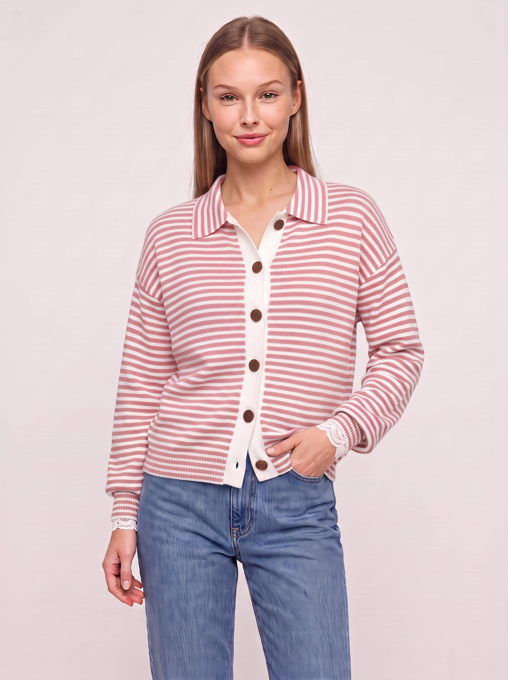 Contréa Striped Collar Cardigan – Ribbed Knit Women Casual Autumn Button Front Office Preppy Cardigan