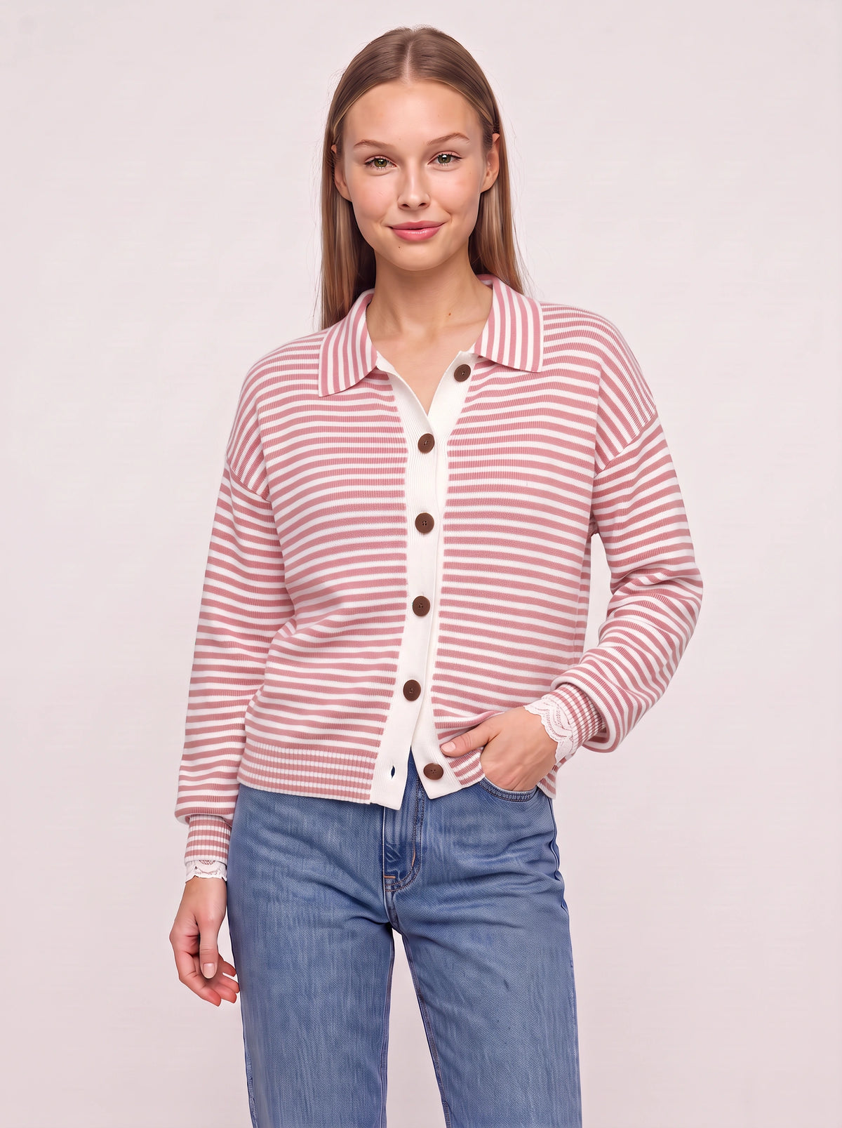 Contréa Striped Collar Cardigan – Ribbed Knit Women Casual Autumn Button Front Office Preppy Cardigan