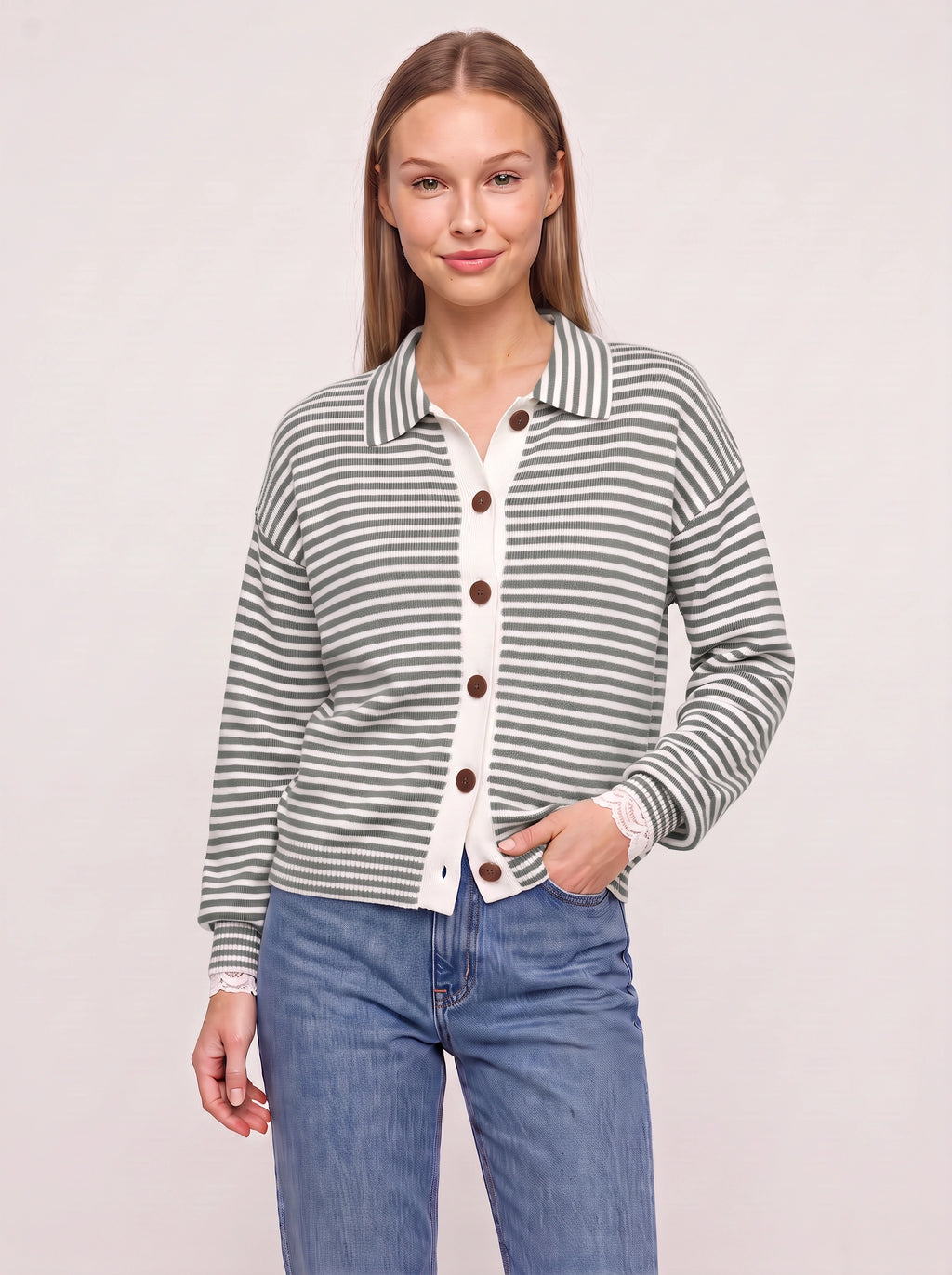 Contréa Striped Collar Cardigan – Ribbed Knit Women Casual Autumn Button Front Office Preppy Cardigan