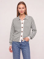Contréa Striped Collar Cardigan – Ribbed Knit Women Casual Autumn Button Front Office Preppy Cardigan