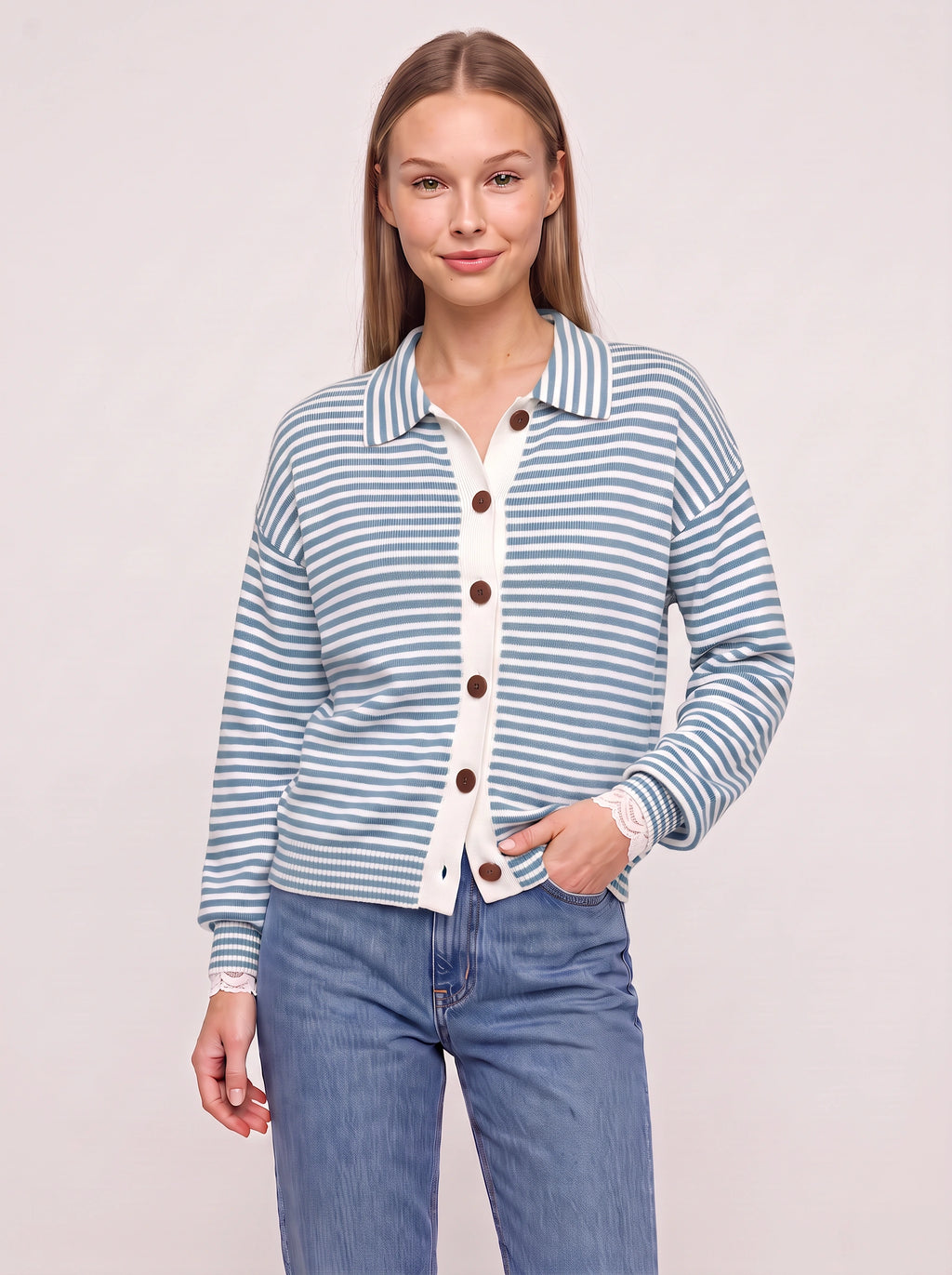 Contréa Striped Collar Cardigan – Ribbed Knit Women Casual Autumn Button Front Office Preppy Cardigan