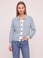 Contréa Striped Collar Cardigan – Ribbed Knit Women Casual Autumn Button Front Office Preppy Cardigan