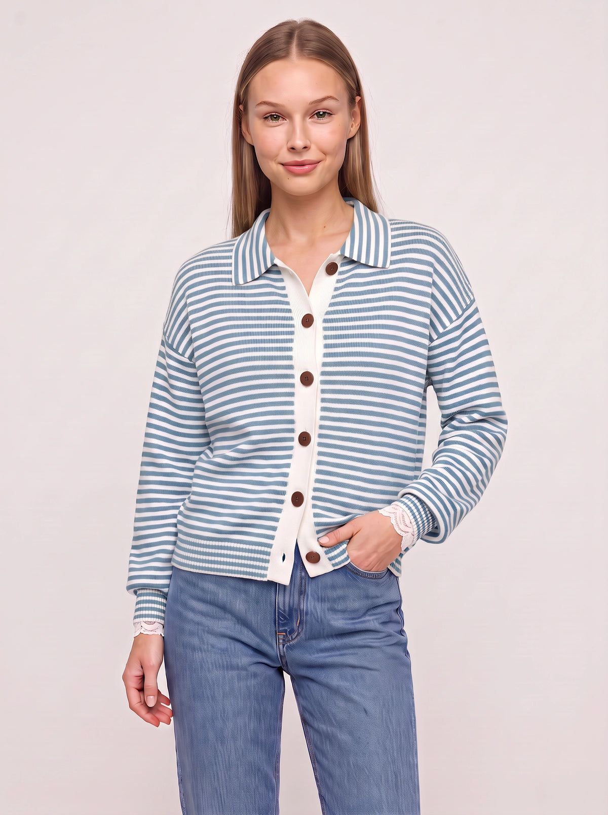 Contréa Striped Collar Cardigan – Ribbed Knit Women Casual Autumn Button Front Office Preppy Cardigan