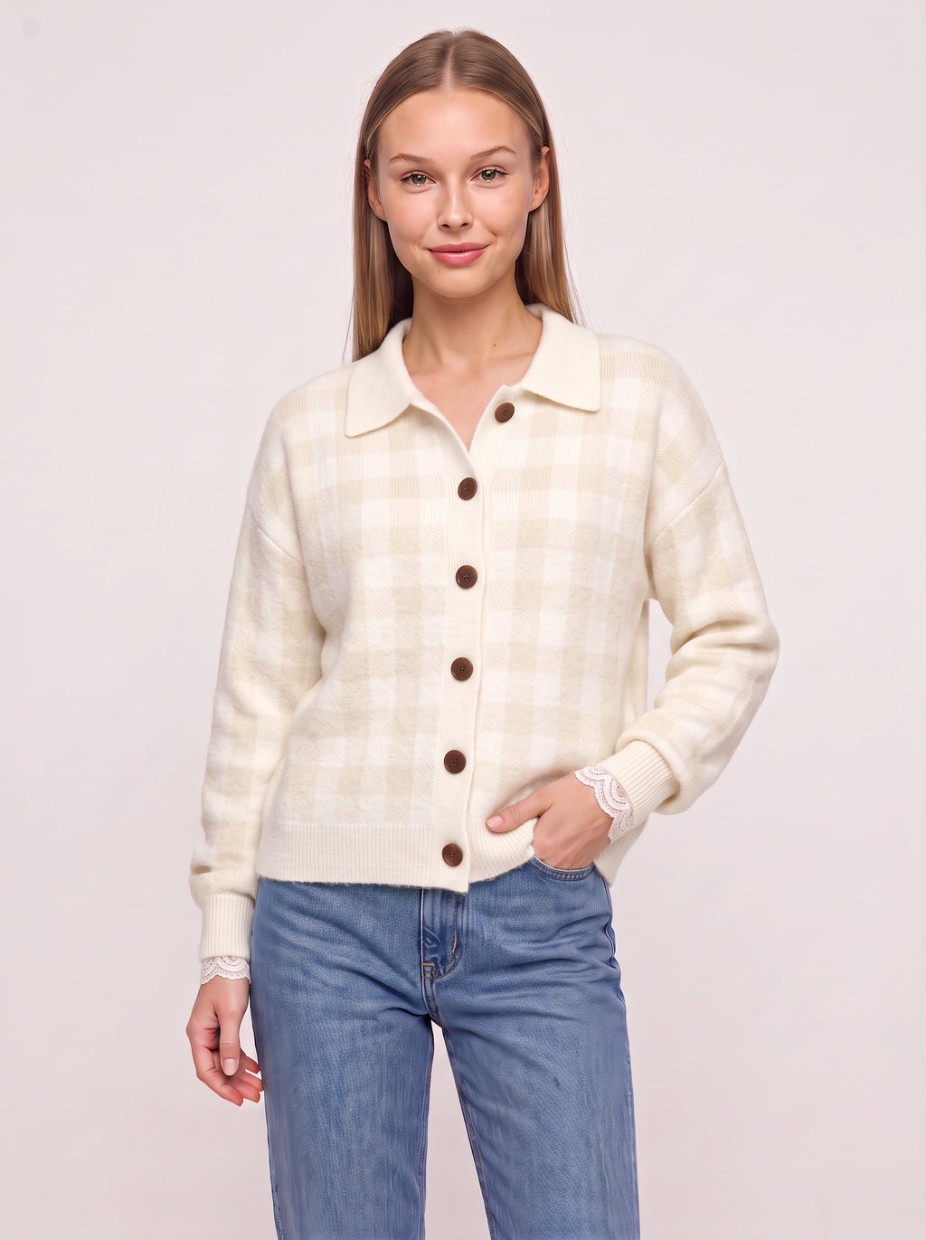 Contréa Striped Collar Cardigan – Ribbed Knit Women Casual Autumn Button Front Office Preppy Cardigan