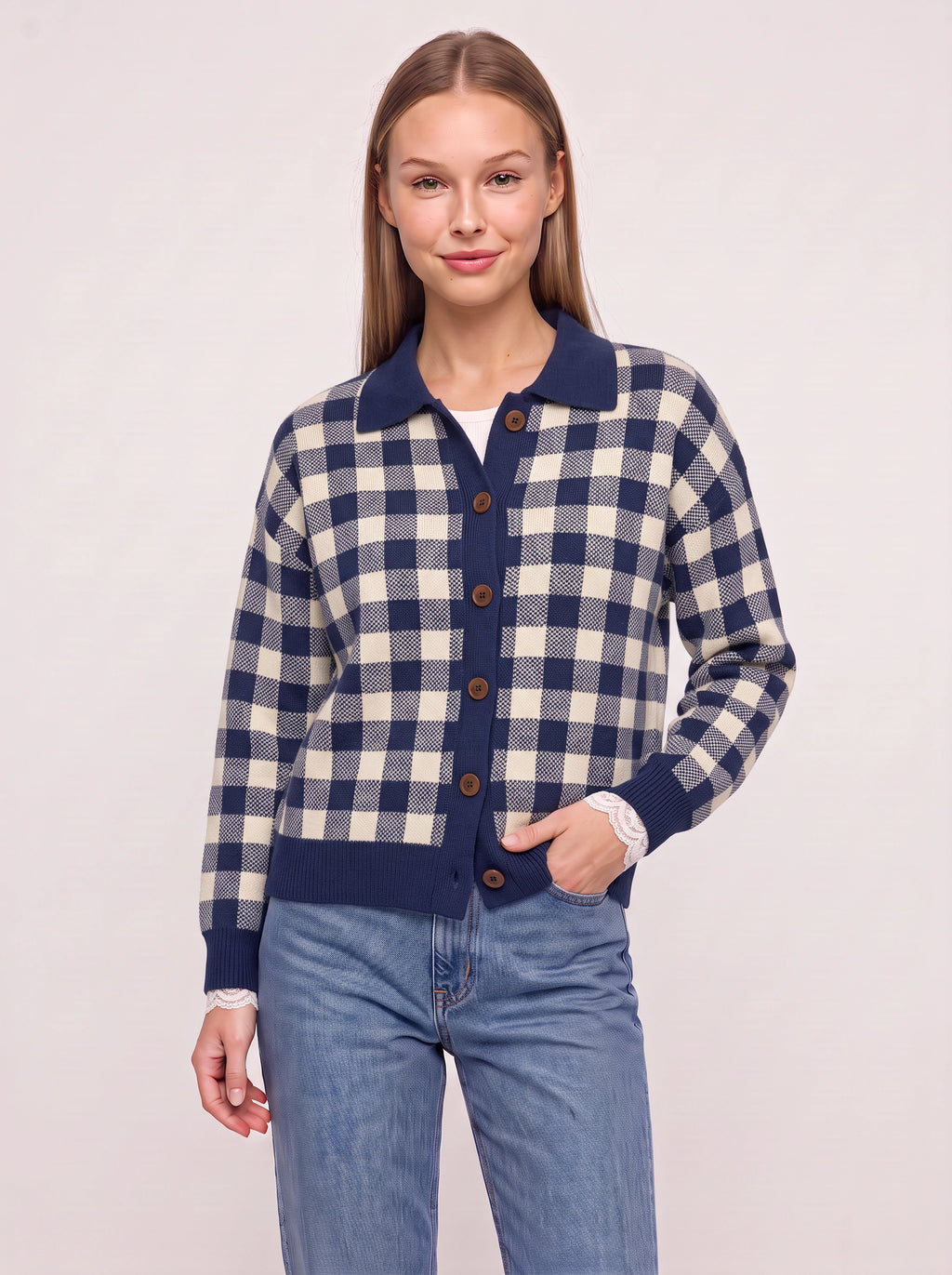Contréa Striped Collar Cardigan – Ribbed Knit Women Casual Autumn Button Front Office Preppy Cardigan