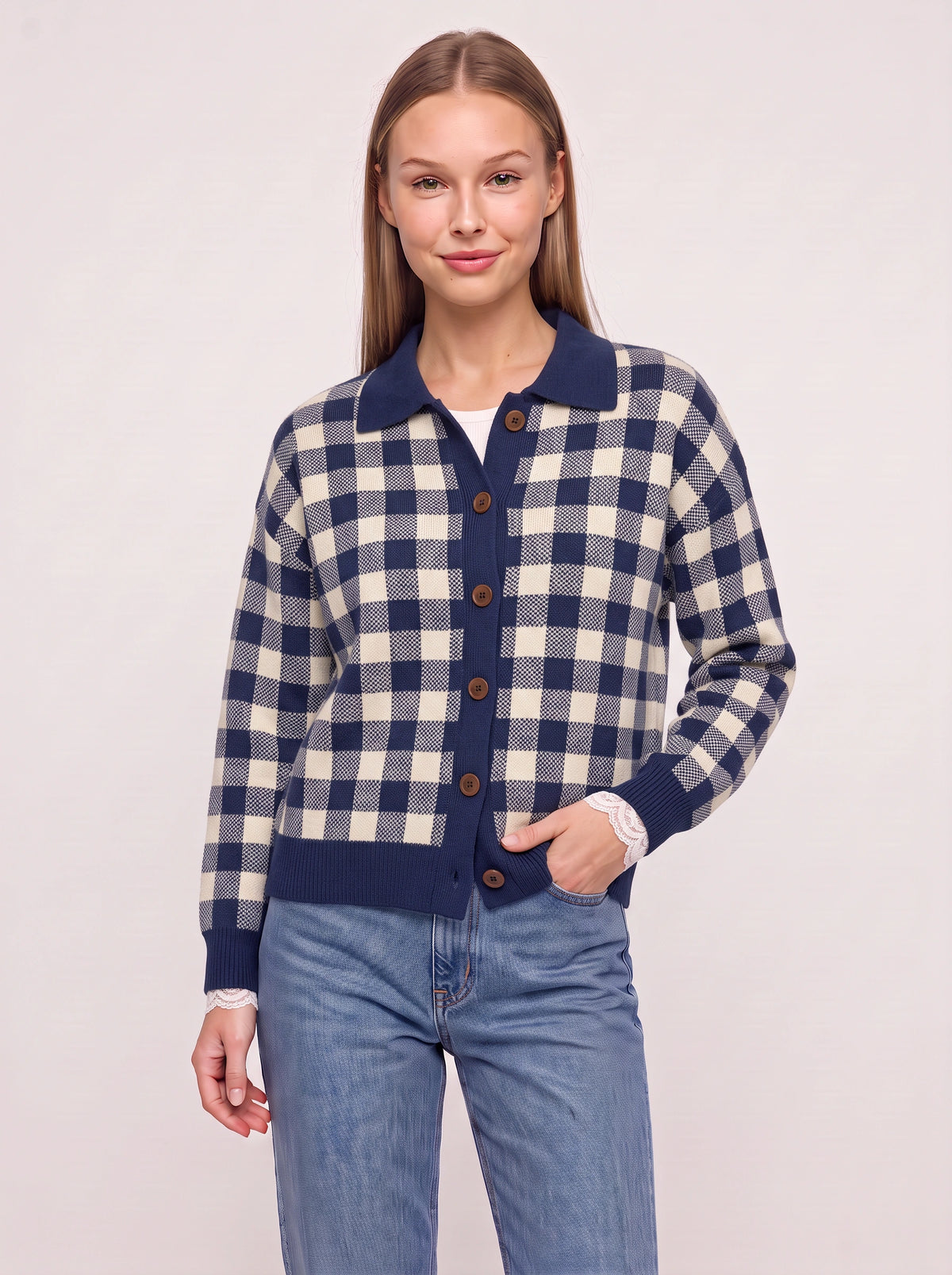 Contréa Striped Collar Cardigan – Ribbed Knit Women Casual Autumn Button Front Office Preppy Cardigan