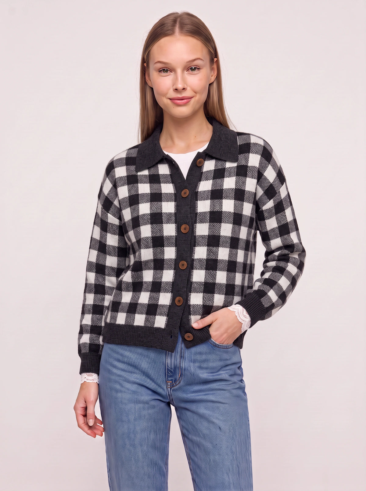 Contréa Striped Collar Cardigan – Ribbed Knit Women Casual Autumn Button Front Office Preppy Cardigan