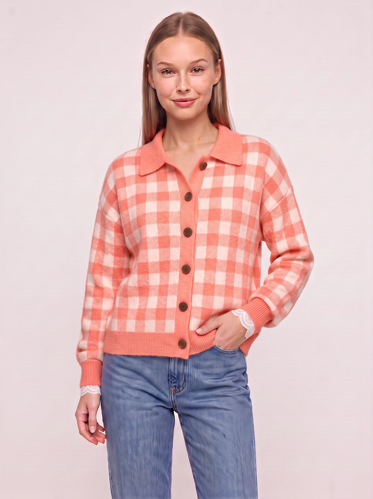 Contréa Striped Collar Cardigan – Ribbed Knit Women Casual Autumn Button Front Office Preppy Cardigan