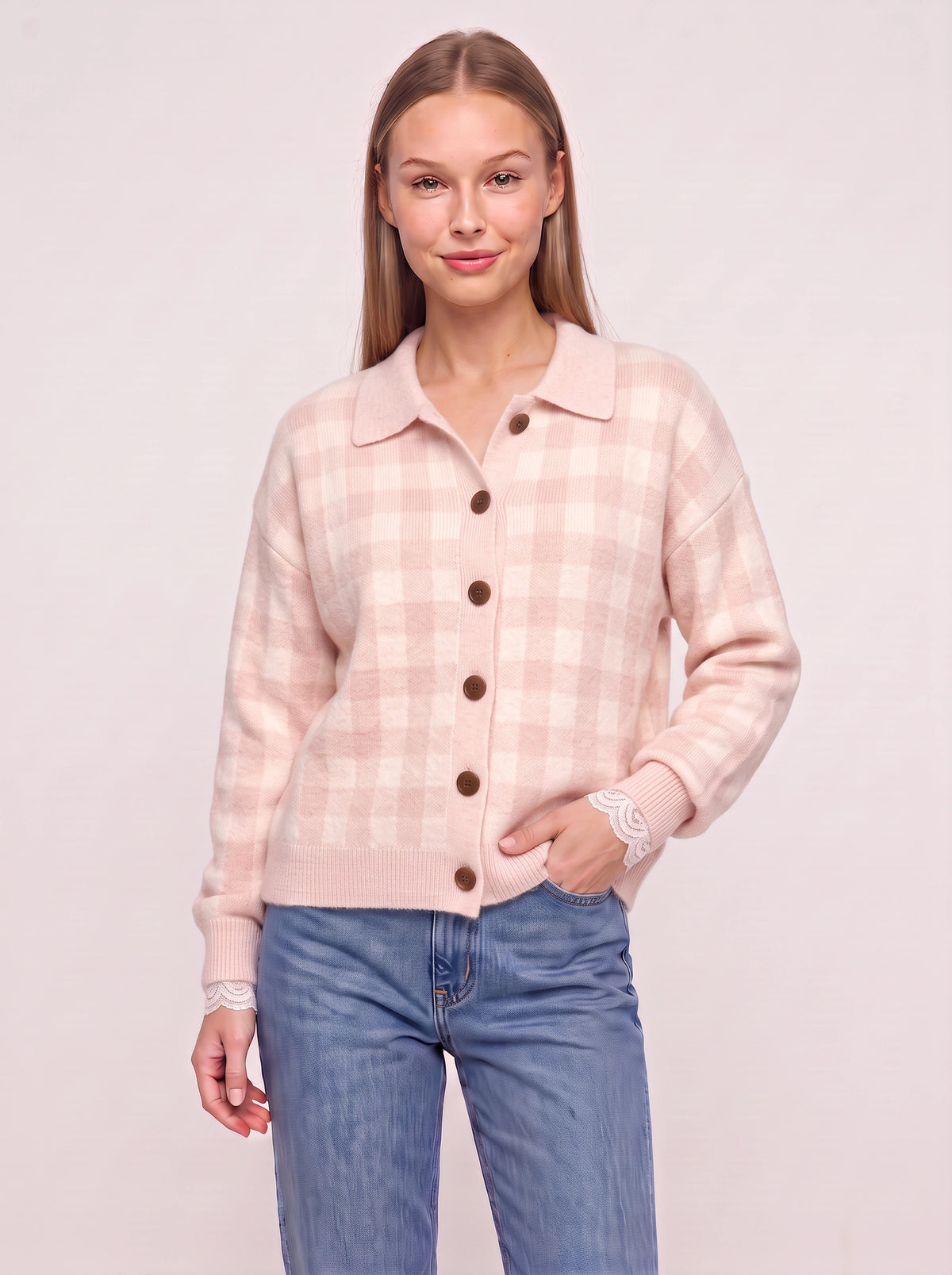 Contréa Striped Collar Cardigan – Ribbed Knit Women Casual Autumn Button Front Office Preppy Cardigan