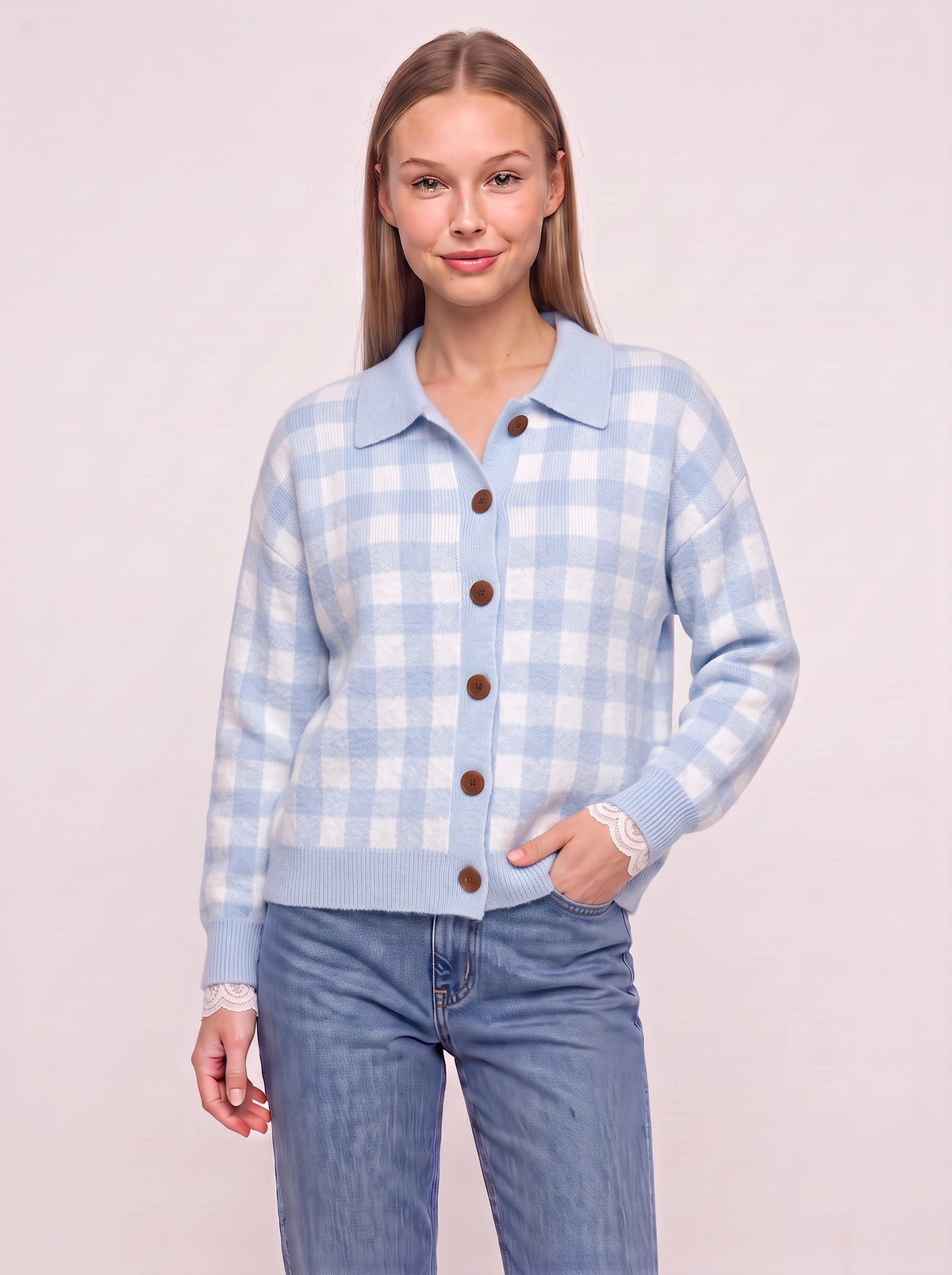 Contréa Striped Collar Cardigan – Ribbed Knit Women Casual Autumn Button Front Office Preppy Cardigan