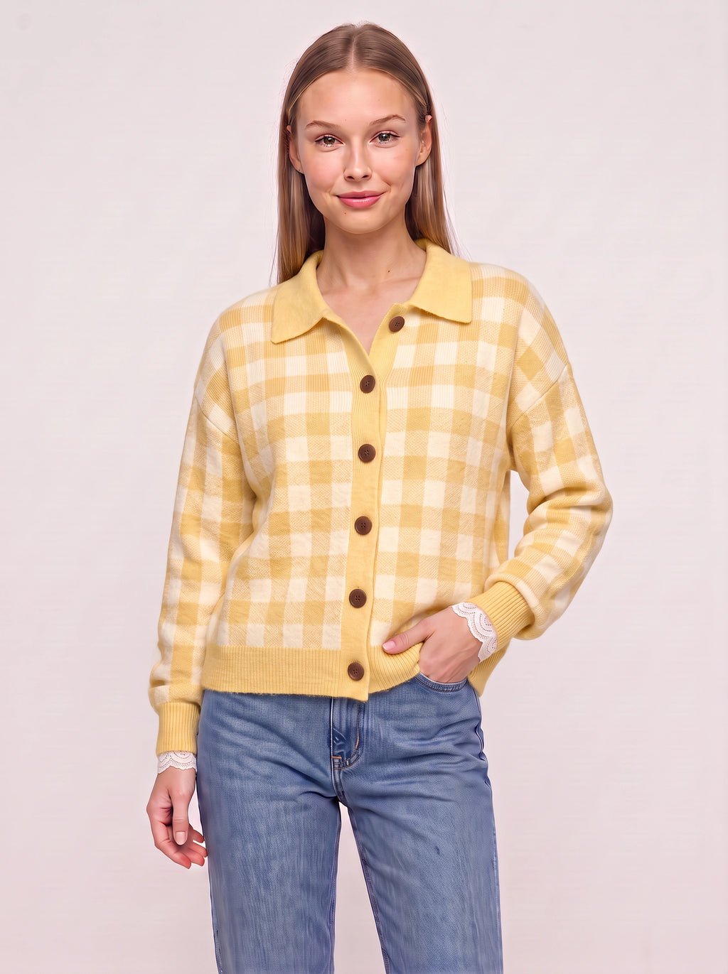 Contréa Striped Collar Cardigan – Ribbed Knit Women Casual Autumn Button Front Office Preppy Cardigan