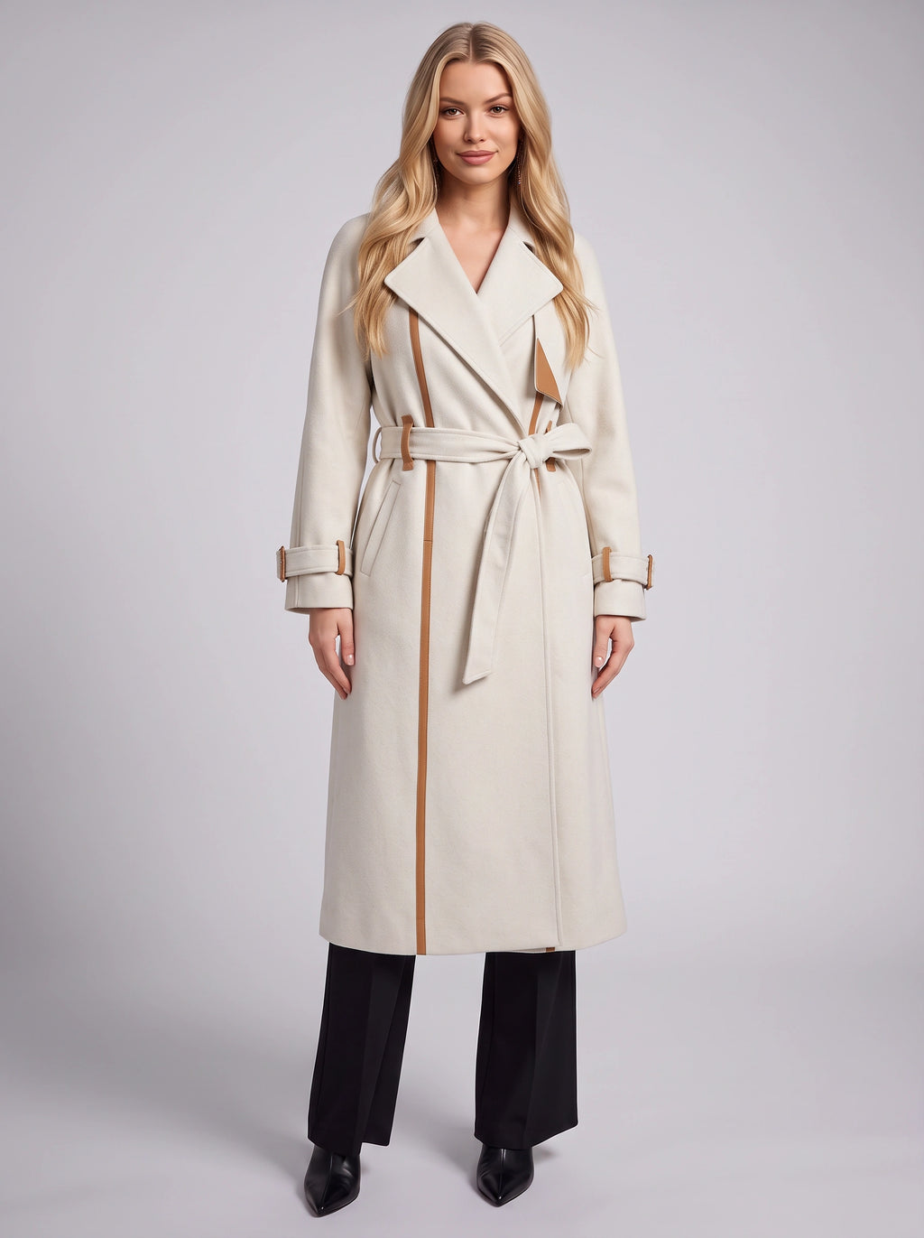 Notchelle Belted Longline Trench Coat – Women Waterfall Wrap Front Fall Winter Office Formal Trench Coat