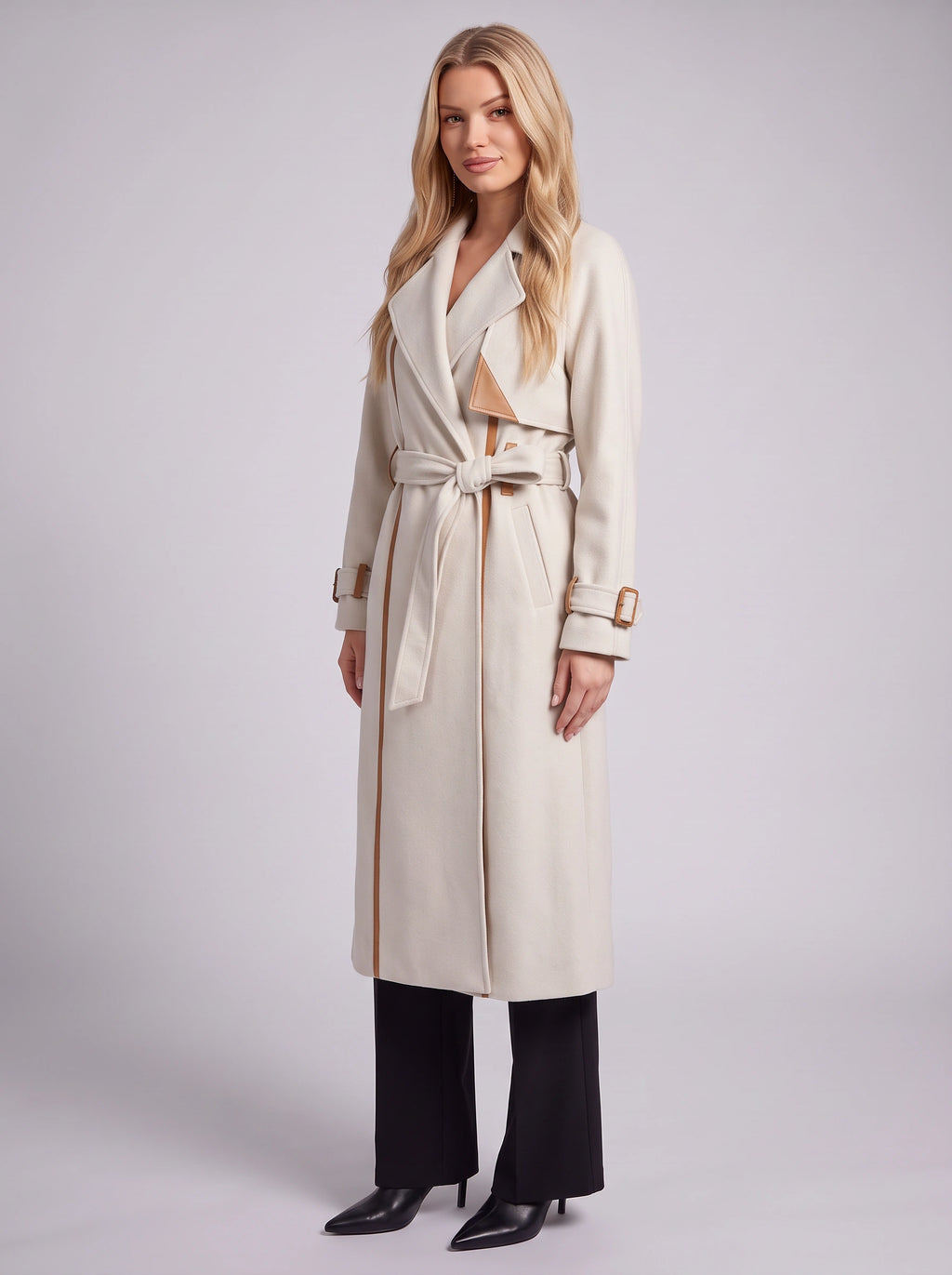 Notchelle Belted Longline Trench Coat – Women Waterfall Wrap Front Fall Winter Office Formal Trench Coat