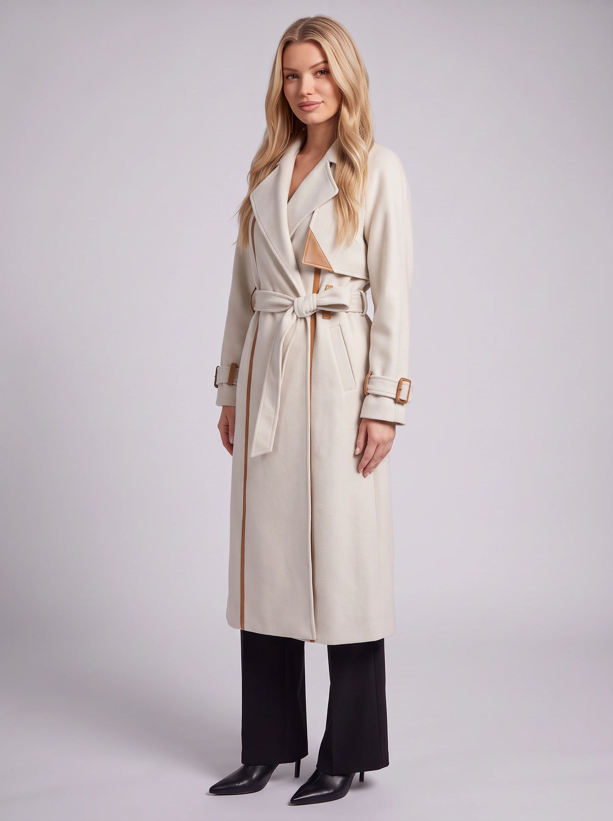 Notchelle Belted Longline Trench Coat – Women Waterfall Wrap Front Fall Winter Office Formal Trench Coat