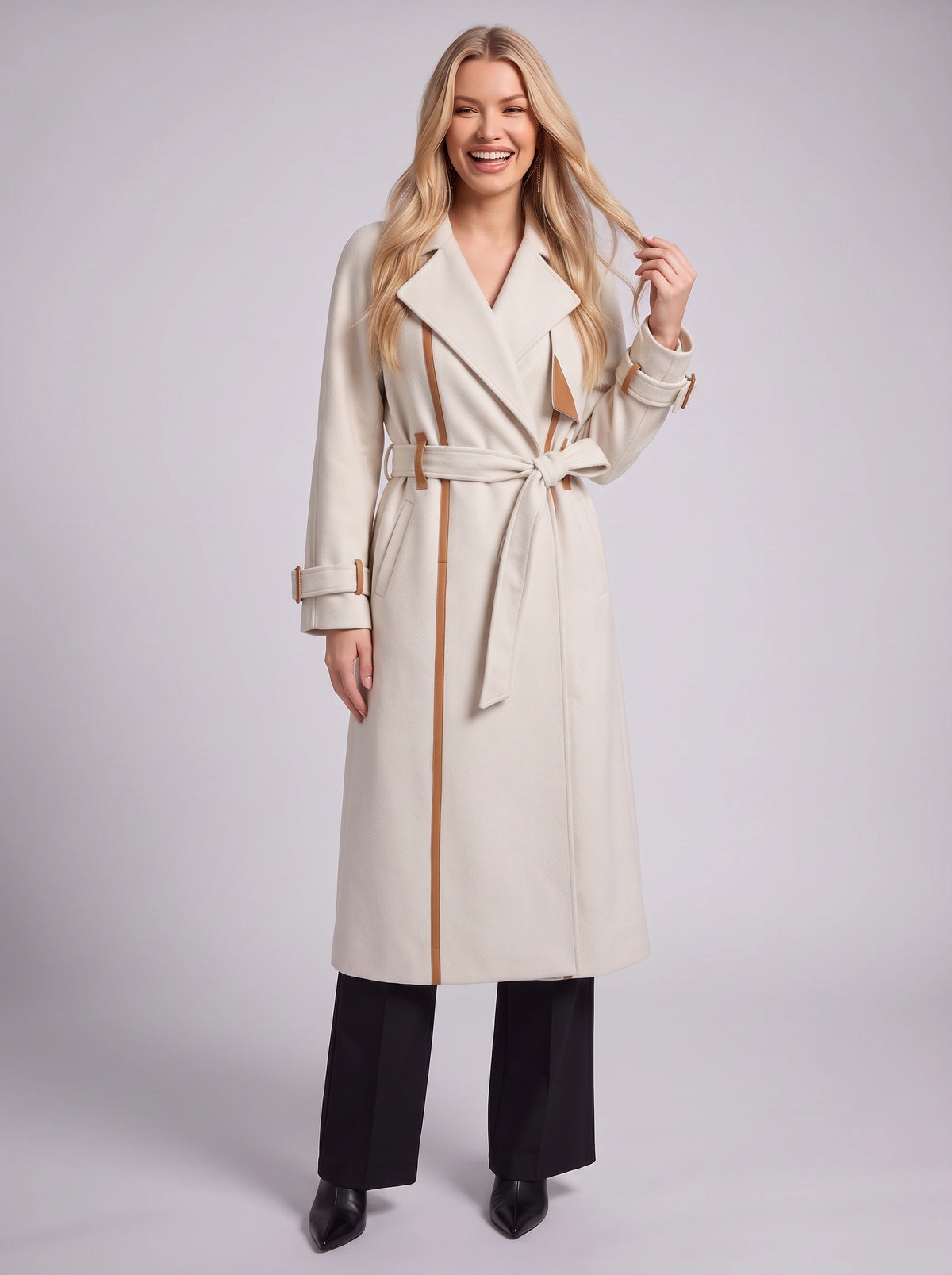 Notchelle Belted Longline Trench Coat – Women Waterfall Wrap Front Fall Winter Office Formal Trench Coat