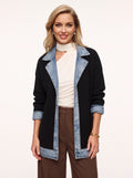 Trimborne Ribbed Denim-Trim Longline Cardigan – Ribbed Cardigan Women Casual Autumn Office Longline Jacket