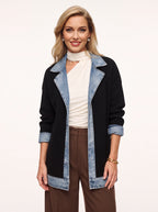 Trimborne Ribbed Denim-Trim Longline Cardigan – Ribbed Cardigan Women Casual Autumn Office Longline Jacket