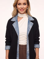 Trimborne Ribbed Denim-Trim Longline Cardigan – Ribbed Cardigan Women Casual Autumn Office Longline Jacket