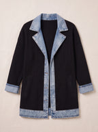 Trimborne Ribbed Denim-Trim Longline Cardigan – Ribbed Cardigan Women Casual Autumn Office Longline Jacket