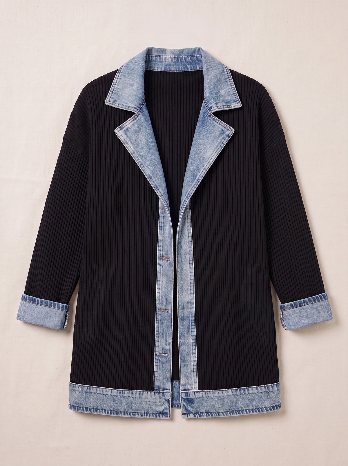 Trimborne Ribbed Denim-Trim Longline Cardigan – Ribbed Cardigan Women Casual Autumn Office Longline Jacket