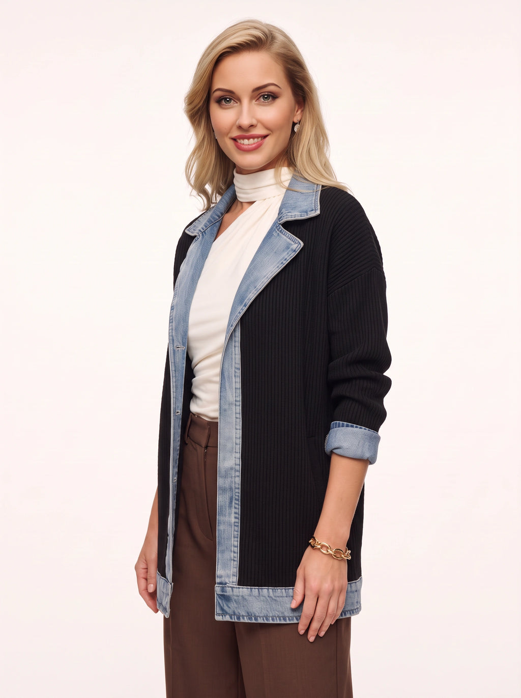 Trimborne Ribbed Denim-Trim Longline Cardigan – Ribbed Cardigan Women Casual Autumn Office Longline Jacket