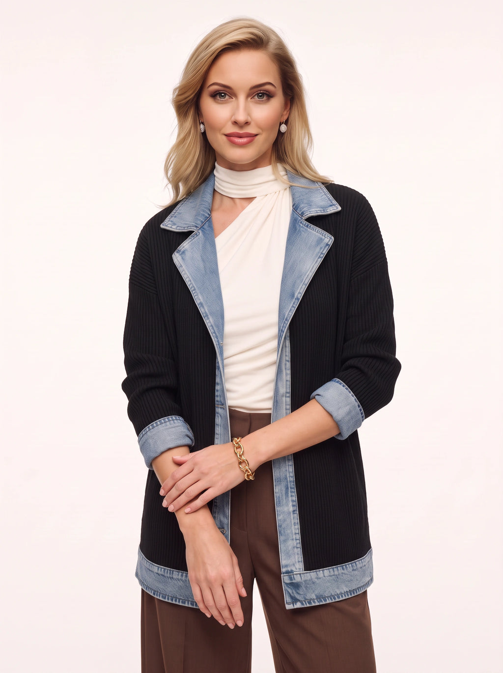 Trimborne Ribbed Denim-Trim Longline Cardigan – Ribbed Cardigan Women Casual Autumn Office Longline Jacket