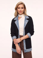 Trimborne Ribbed Denim-Trim Longline Cardigan – Ribbed Cardigan Women Casual Autumn Office Longline Jacket