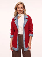 Trimborne Ribbed Denim-Trim Longline Cardigan – Ribbed Cardigan Women Casual Autumn Office Longline Jacket