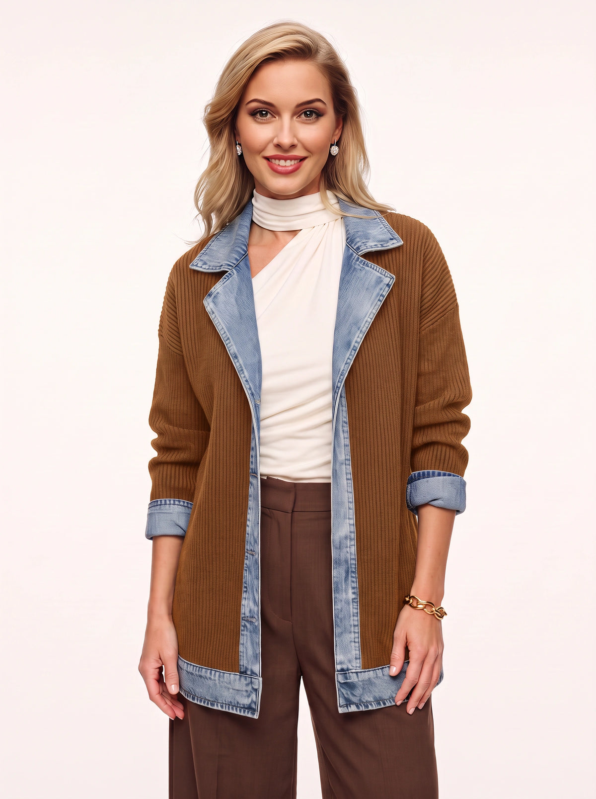 Trimborne Ribbed Denim-Trim Longline Cardigan – Ribbed Cardigan Women Casual Autumn Office Longline Jacket